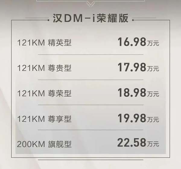 比亚迪汉DM-i荣耀版上市，售价16.98-22.58万元