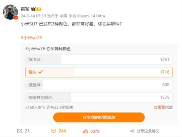 雷军微博调研：小米SU7 3种颜色你会买哪个