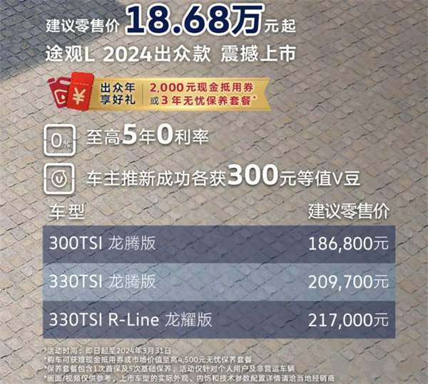 2024款大众途观L出众款上市，售价18.68万元起